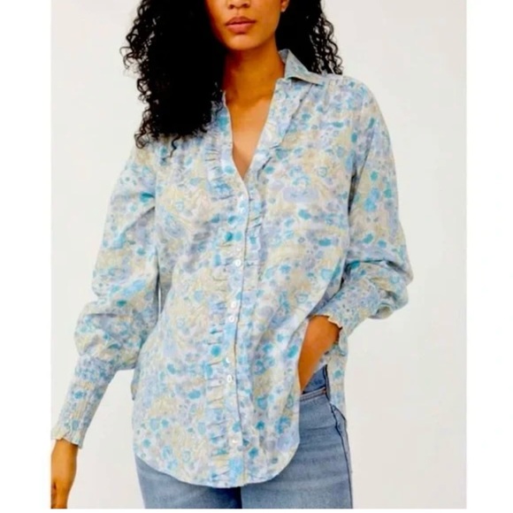 Free People Wild Gardenia Floral Ruffle Tunic Button Down Shirt Blouse S Small - Picture 1 of 12